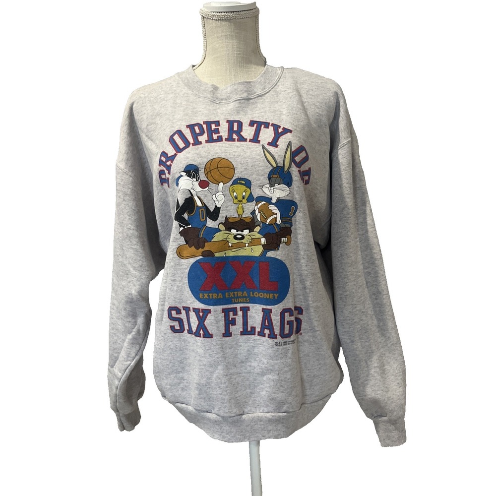 Vintage 1995 Looney Tunes Six Flags Sweatshirt Sz L Taz Tweetie Bird Bugs Bunny